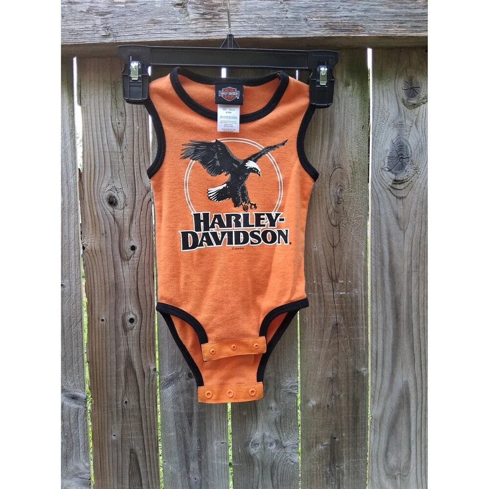 121 Harley Davidson Infant One Piece Romper Baby Boy 6/9M Orange 2024